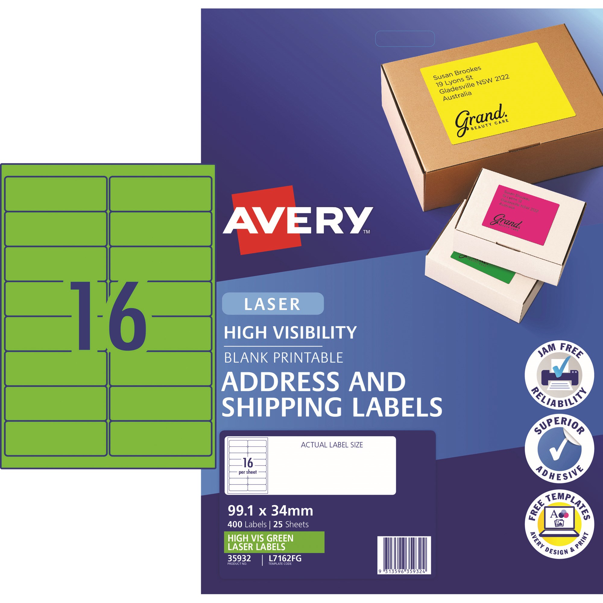 Avery High Visibility Shipping Laser Label L7162FG 199.1x34mm Fluoro Green Pack  of 25 (400)