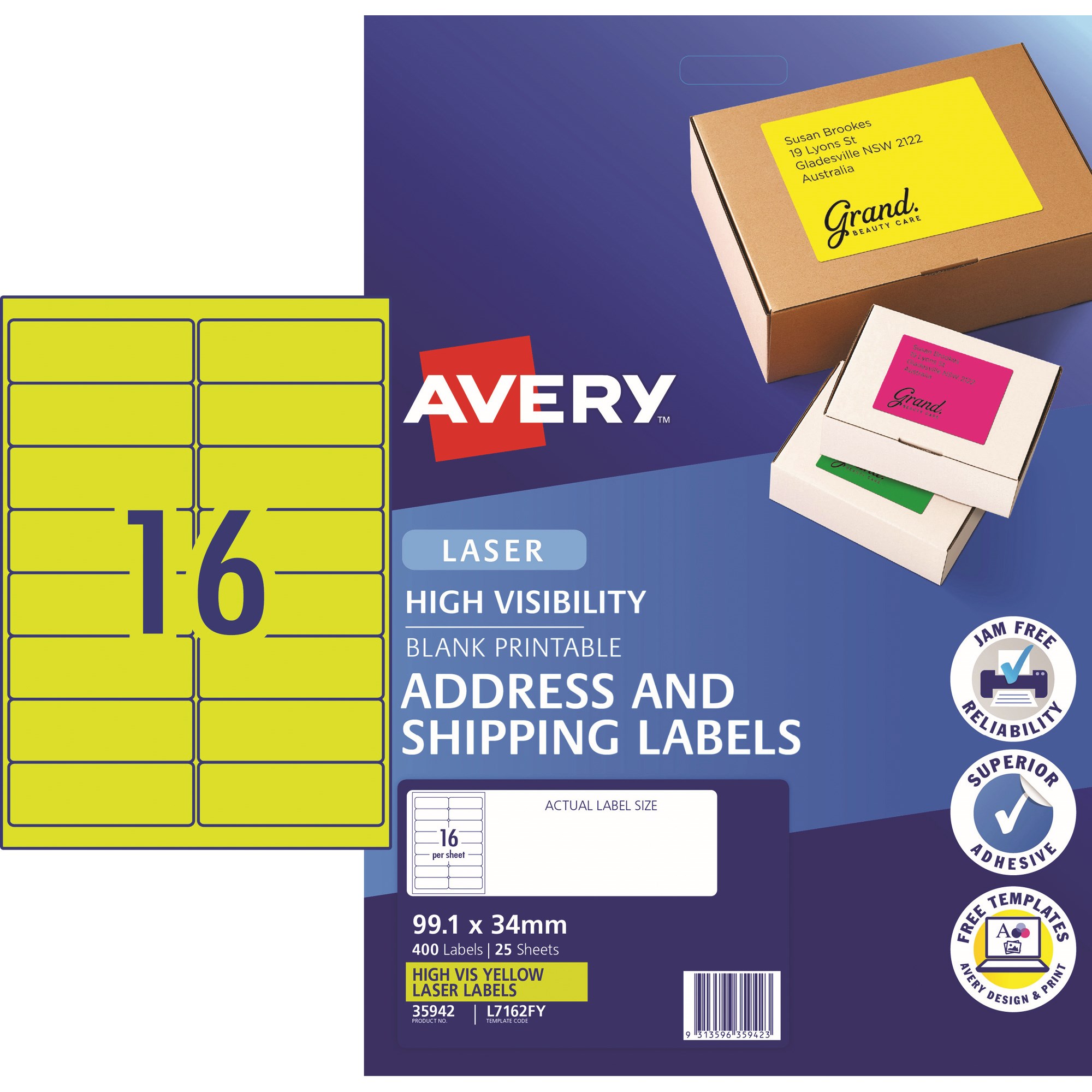 Avery High Visibility Shipping Laser Labels L7162FY 99.1x34mm Fluoro Yellow Pack  of 25 (400