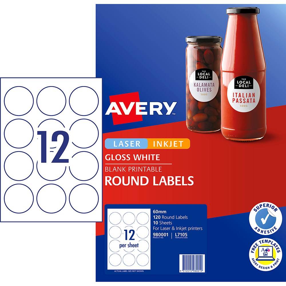Avery Blank Printable Labels L7105 60mm Round Gloss White 12UP 120 Labels 10 Sheets