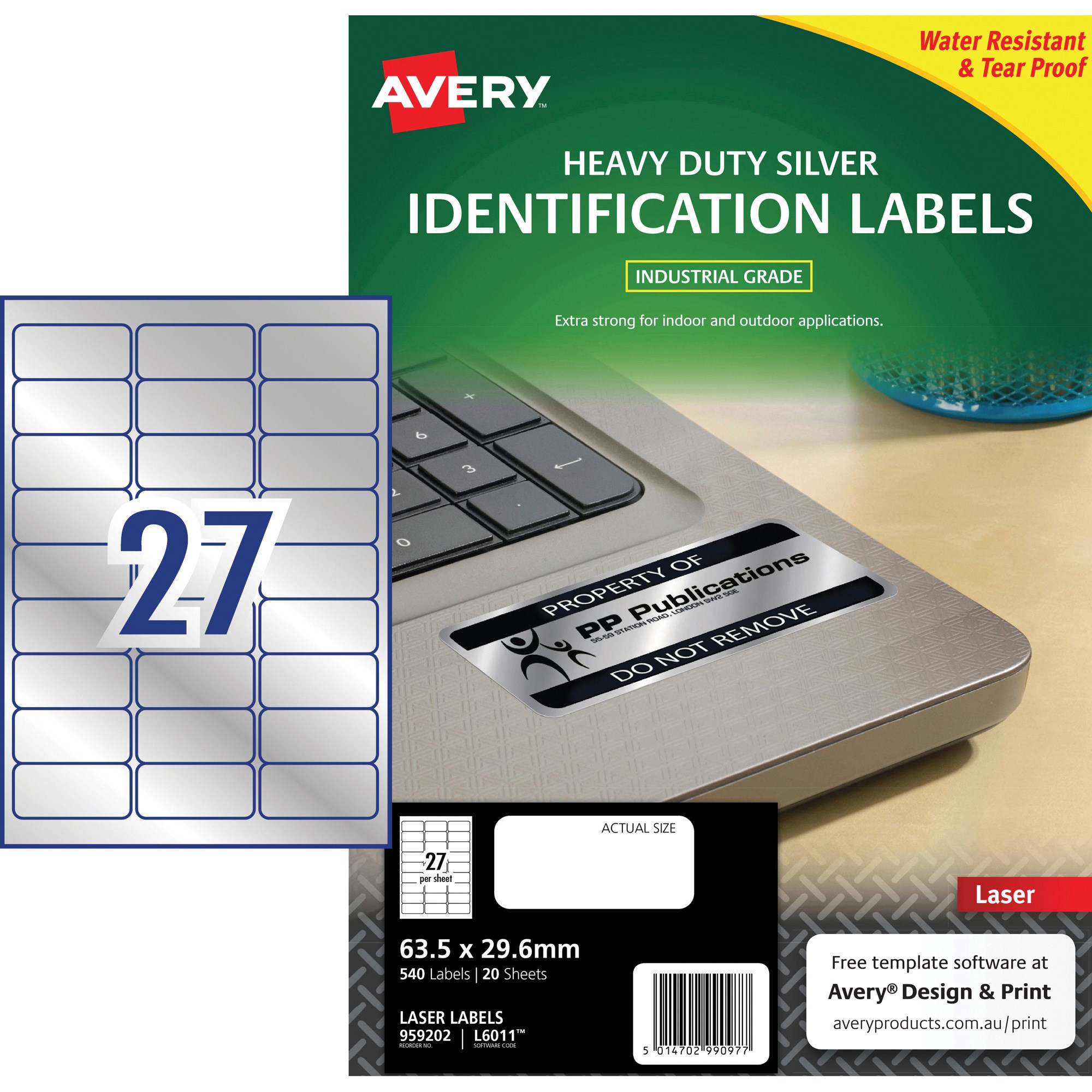 Avery Heavy Duty Laser Labels Asset Tags Silver L6011 63.5x30mm 27UP 540 Labels