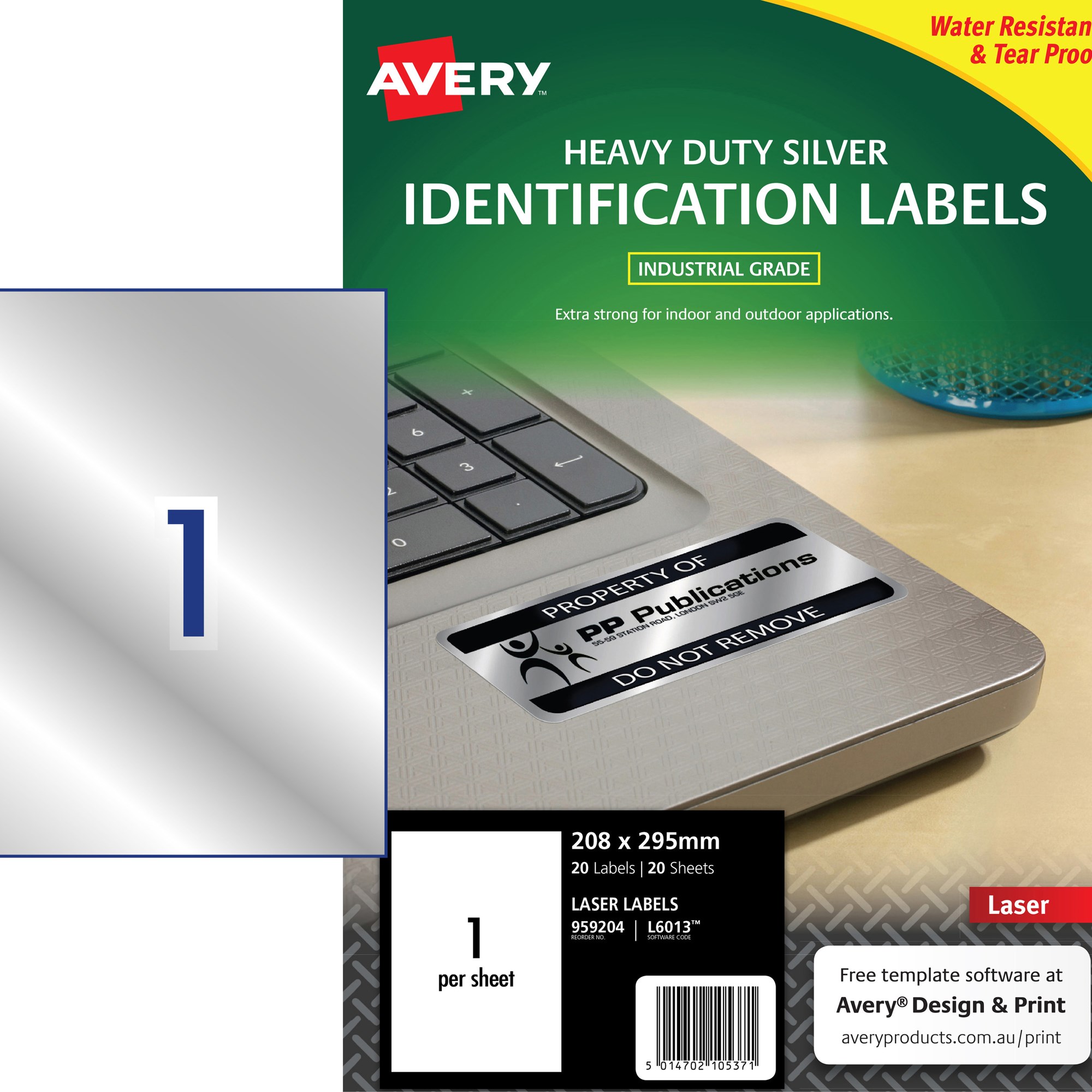 Avery Heavy Duty Laser Labels Asset Tags Silver L6013 208x295mm 1UP 20 Labels