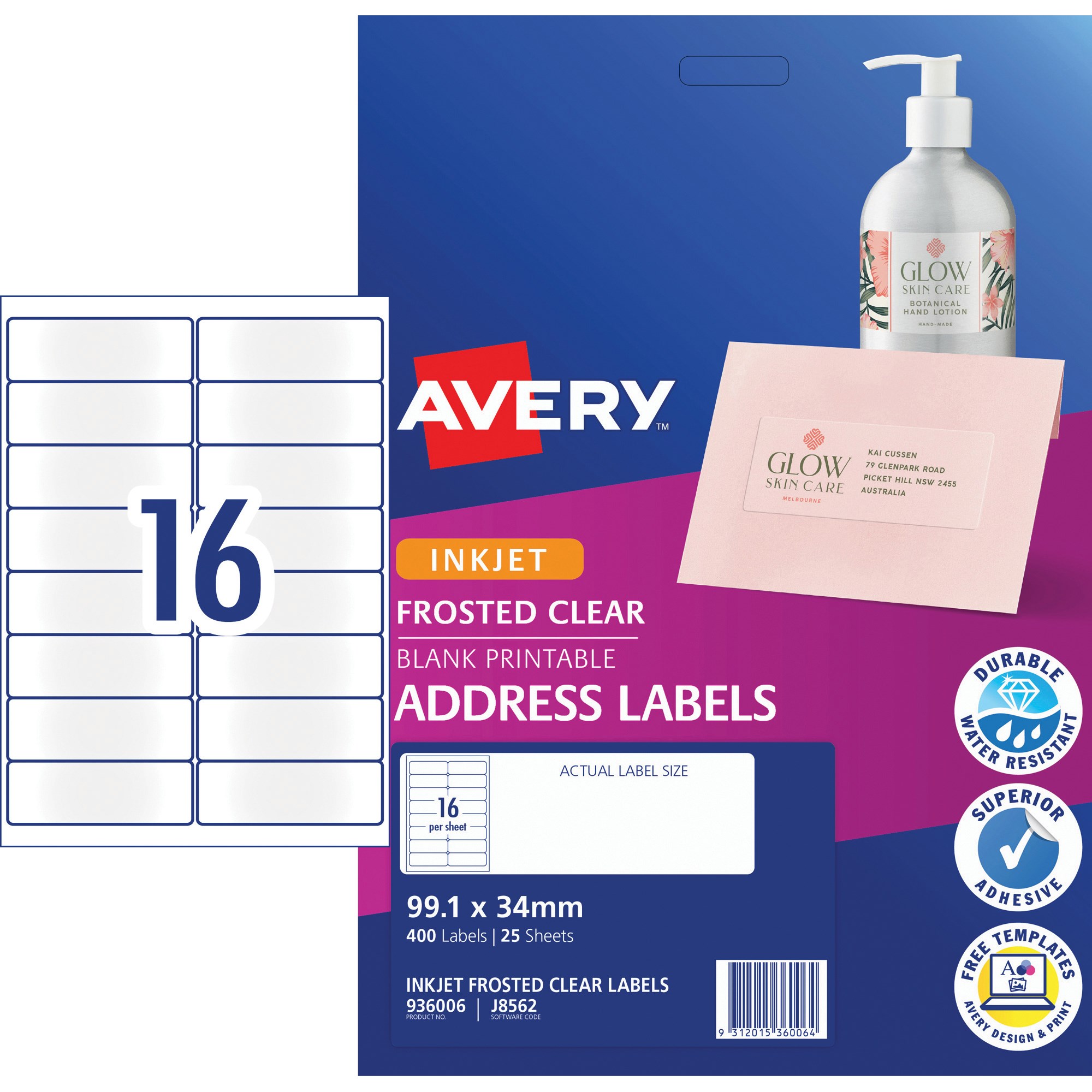 Avery Quick Peel Address Laser Inkjet Labels J8562 99.1x24mm Frosted Clear Pack  of 25 (400)