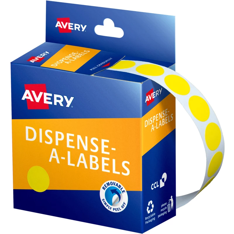 Avery Removable Dispenser Labels 14mm Round Yellow Pack  Of 1050