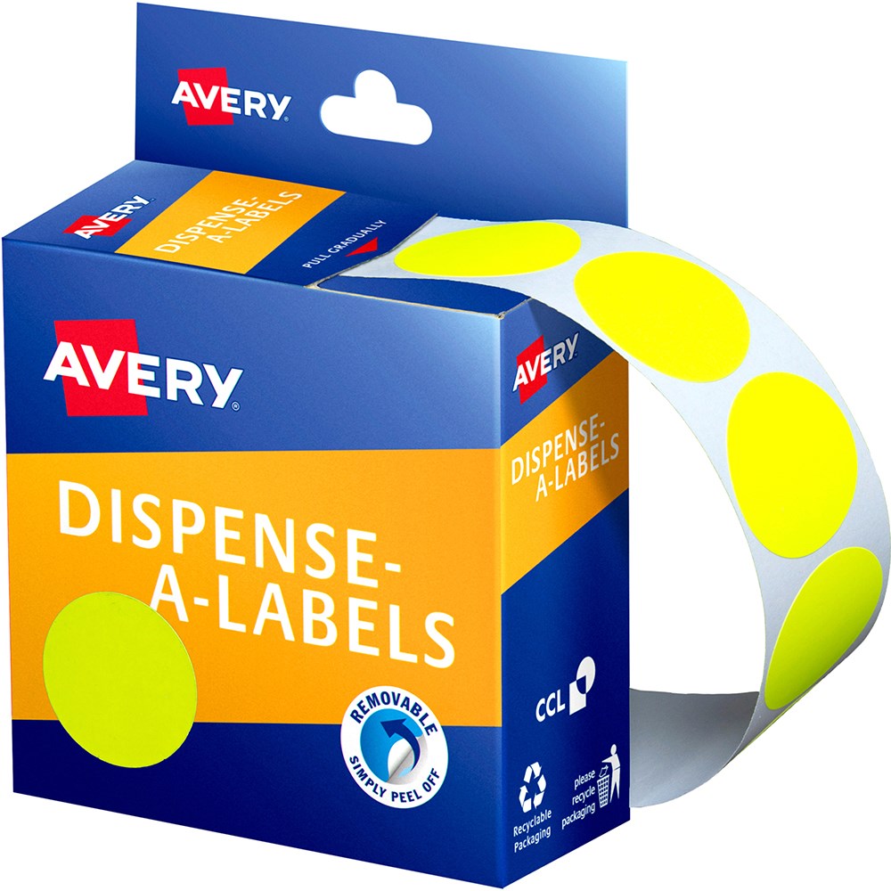Avery Removable Dispenser Labels 24mm Round Fluoro Yellow Pack  Of 350