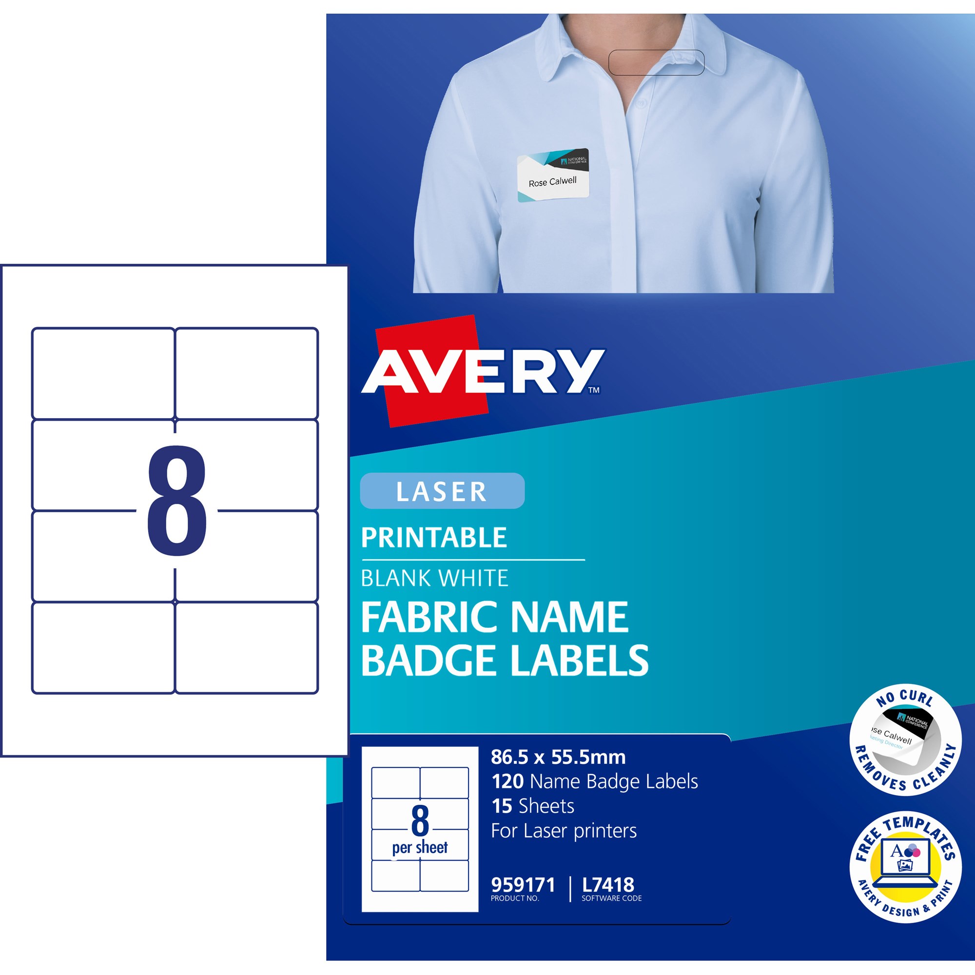 Avery Fabric Name Badge Laser Labels White L7418 86.5x55.5mm 8UP 120 Labels 15 Sheets