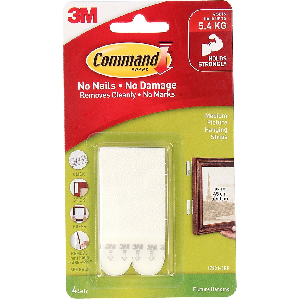 Command 17201-4Pk Picture Hanging Strip Medium White Pack  Of 4