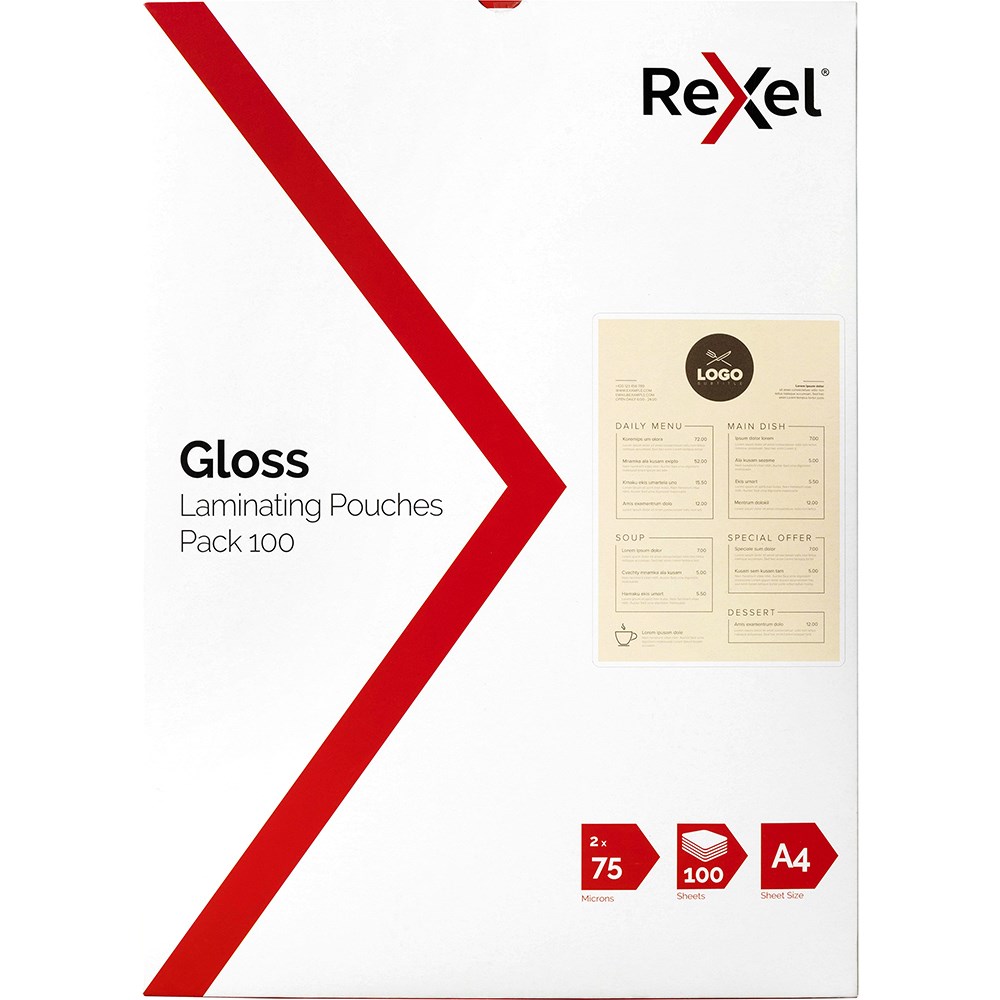Rexel Laminating Pouches A4 75 Micron Gloss Pack  Of 100