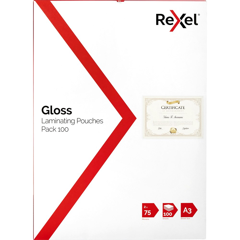 Rexel Laminating Pouches A3 75 Micron Gloss Pack  Of 100