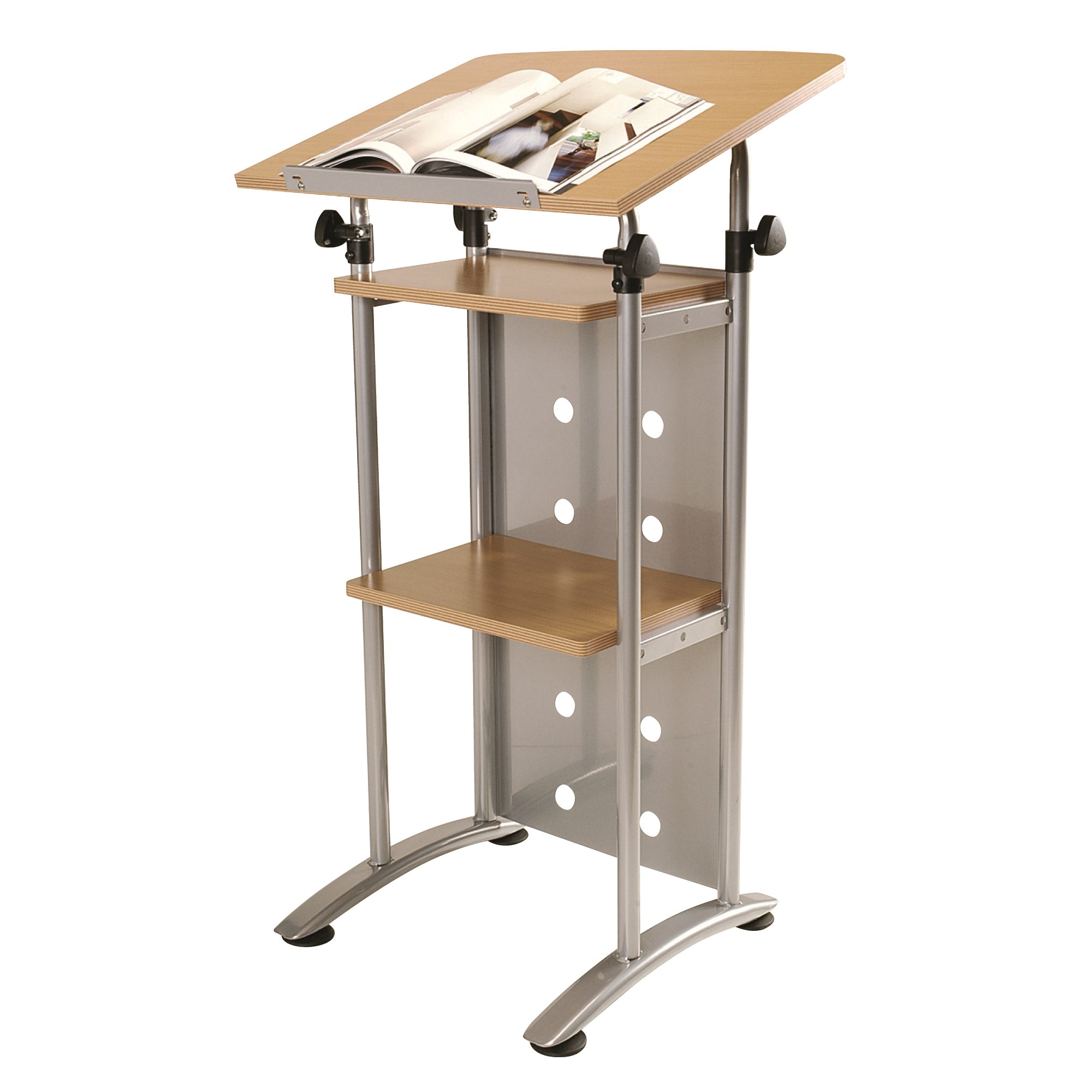 Sylex Quorum Lectern Fixed Shelves 600W x 500D x 1090-1250mmH Silver And Beech