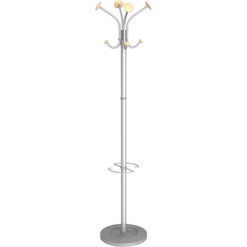 Alba Stily Coat Rack 8 Hook Silver Metal Stand With Wooden Hook Knobs