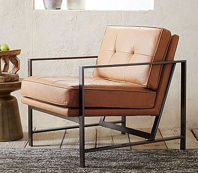 Modern Leather Lounge Chair – Tan Upholstered Accent Chair with Metal Frame