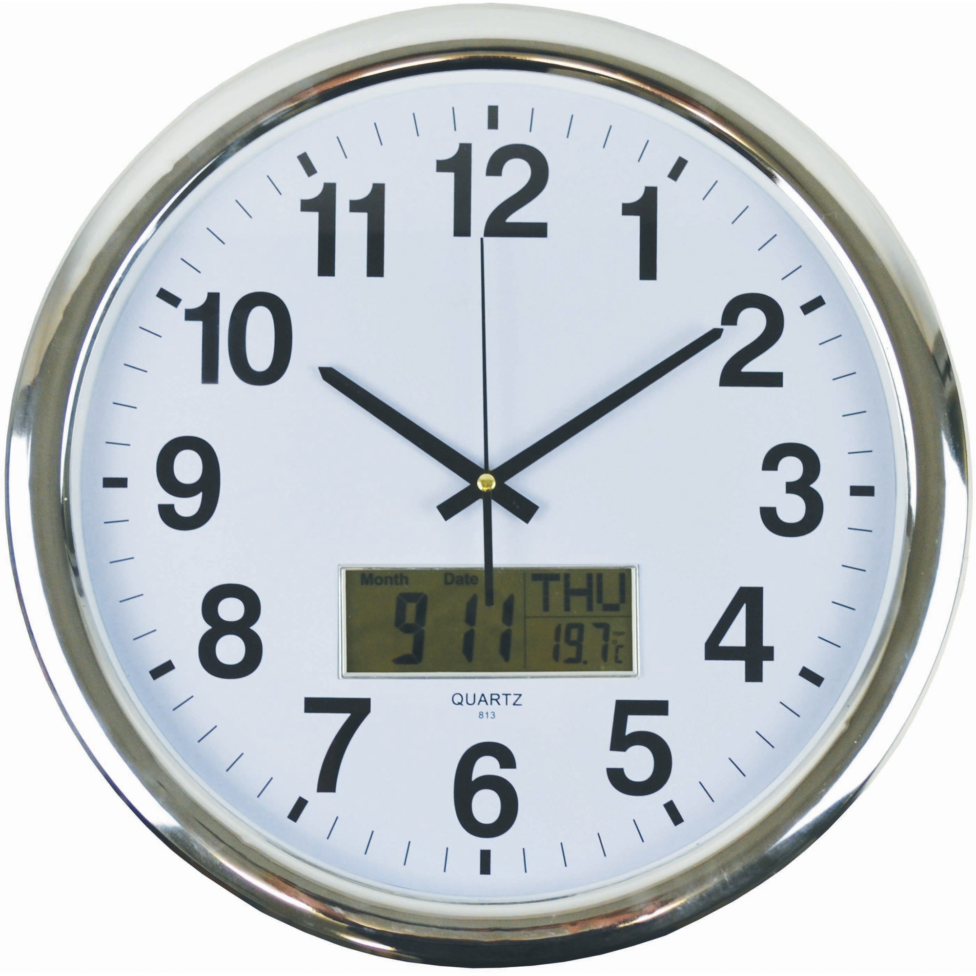 Italplast Wall Clock Inset LCD Date Month Temperature 43cm Round Chrome Frame White Face
