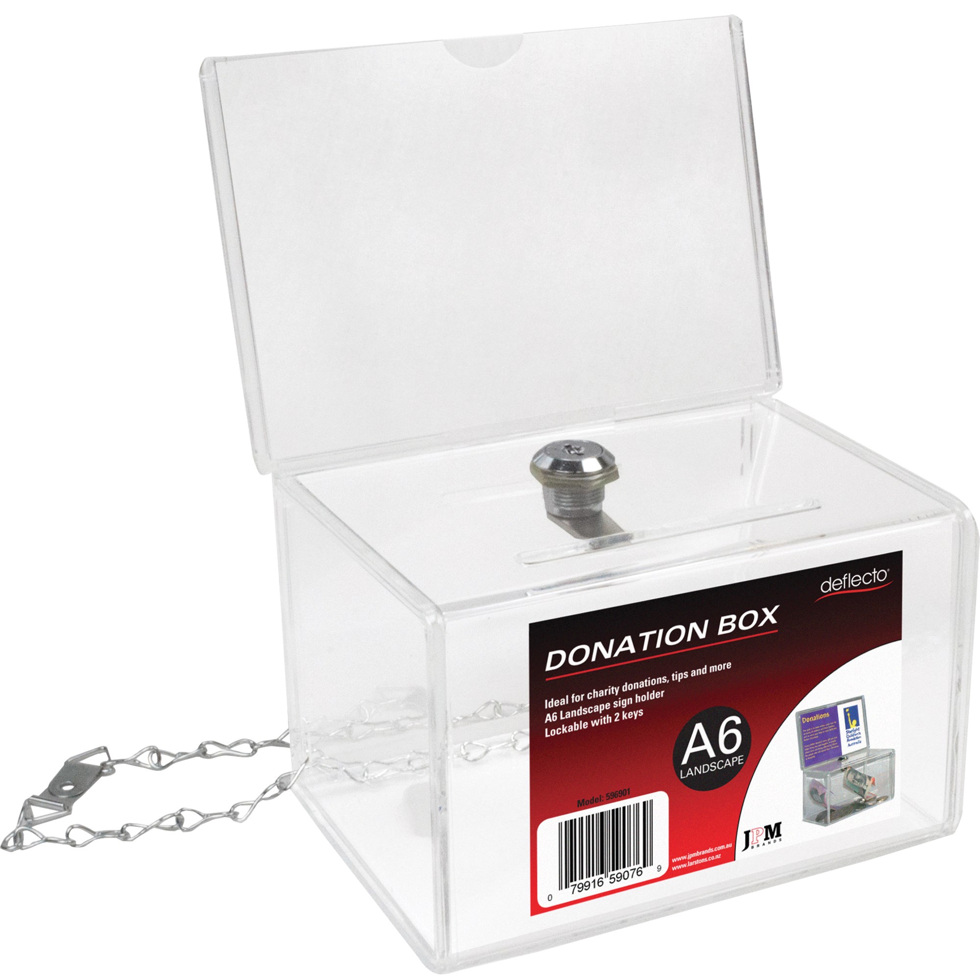 Deflecto Donation Box  Lockable With A6 Landscape Header Card Clear Acrylic