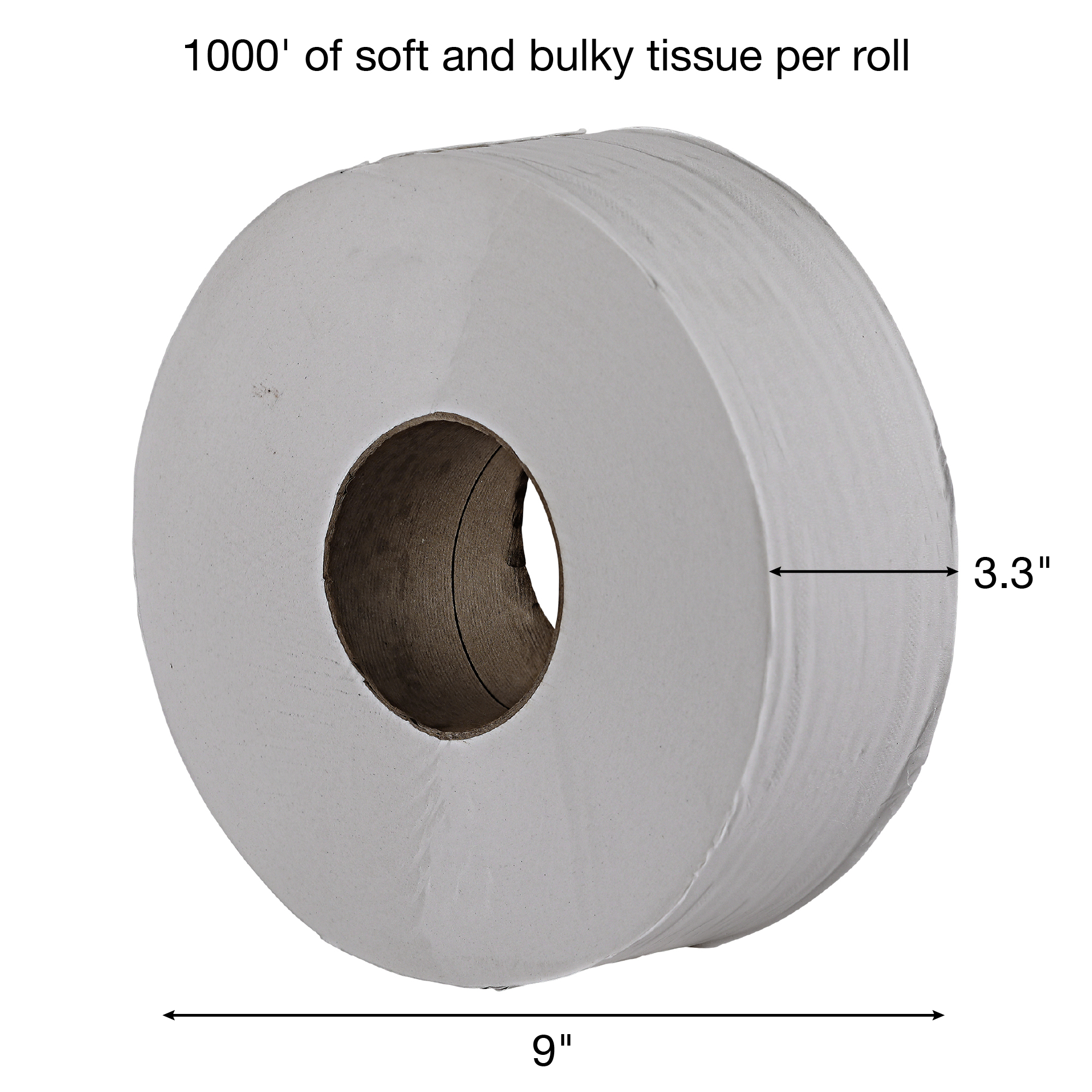 Nova 2-Ply Jumbo Tissue - VIRGIN 3.3" x 1000', 9", White 12 / cs