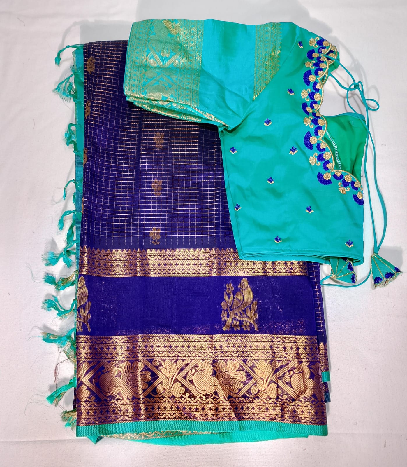 N597: Ready To Ship Beautiful Mangalagiri Saree With Stitched Embroidery Work Blouse