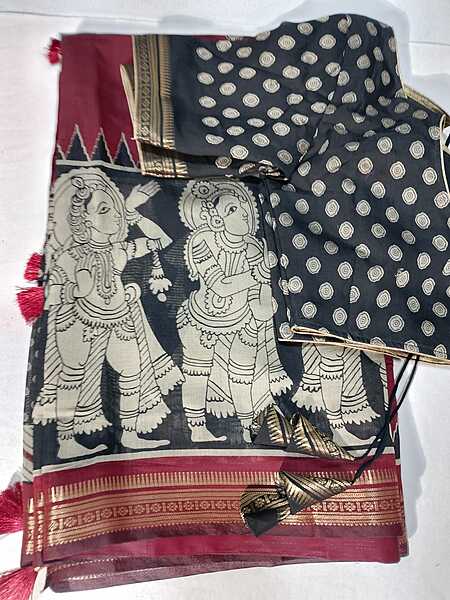 J373: Ready To Ship Beautiful Kalamkari Saree With Stitched Blouse