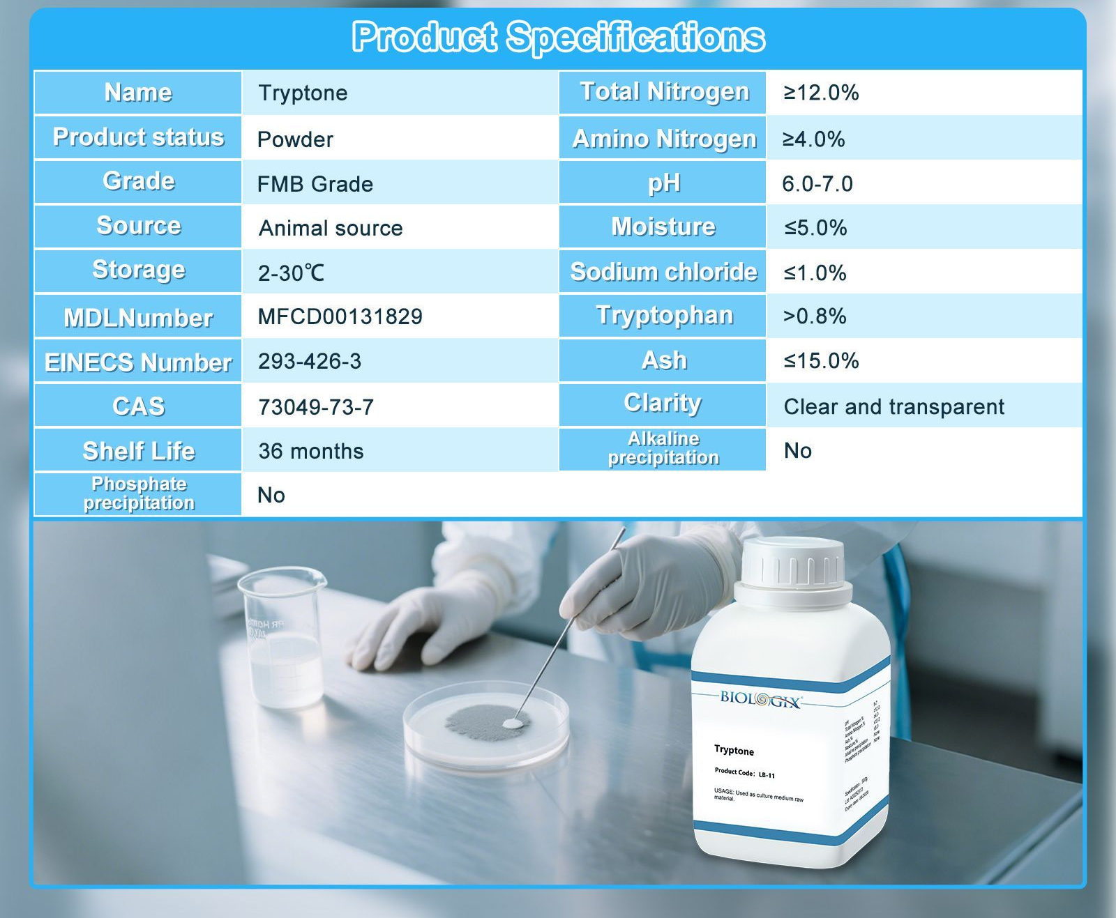 Tryptone, Casein Peptone (OXOID Substitute) Powder 500g/bottle