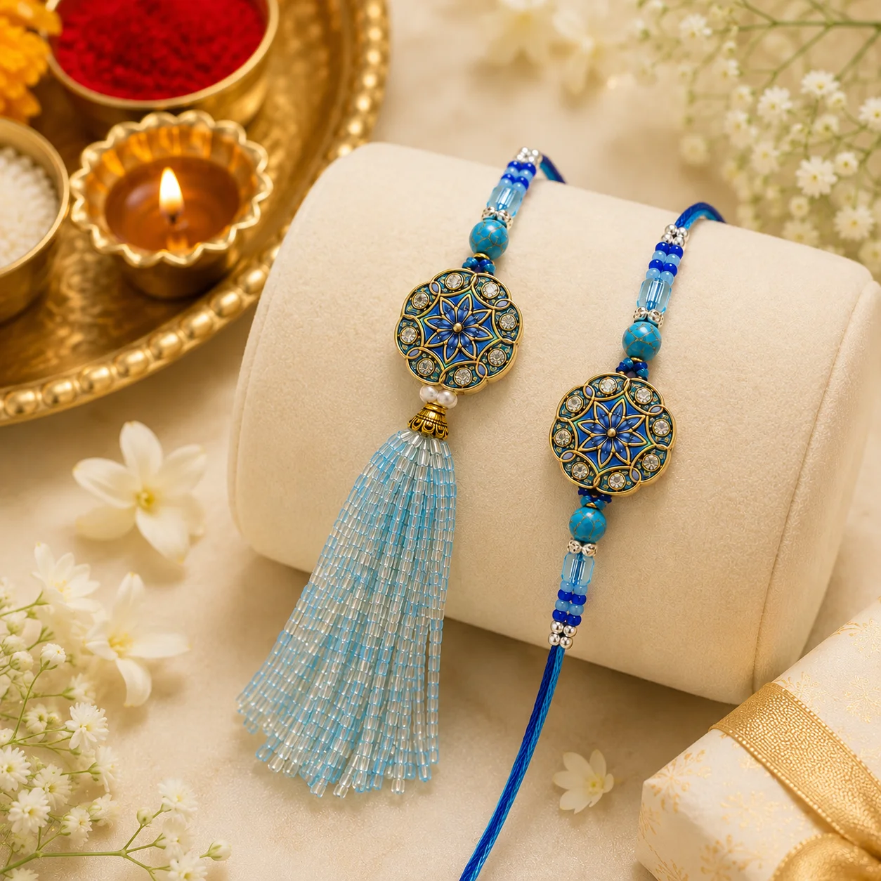 Designer Bhaiya Bhabhi Rakhi Set with Lumba Tassel | Premium Raksha Bandhan Rakhi