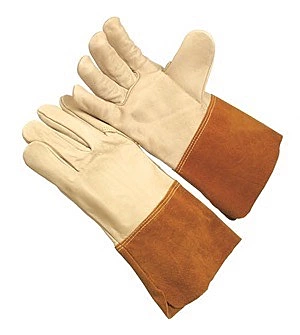 B grade, migtig grain welder, 4.5” russet split leather cuff, Kevlar sewn