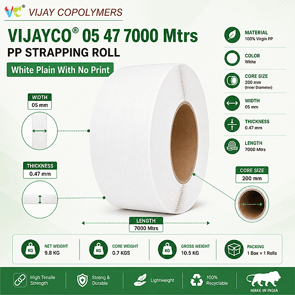 VIJAYCO® 05 47 7000 Mtrs PP Strapping Roll White Plain With No Print