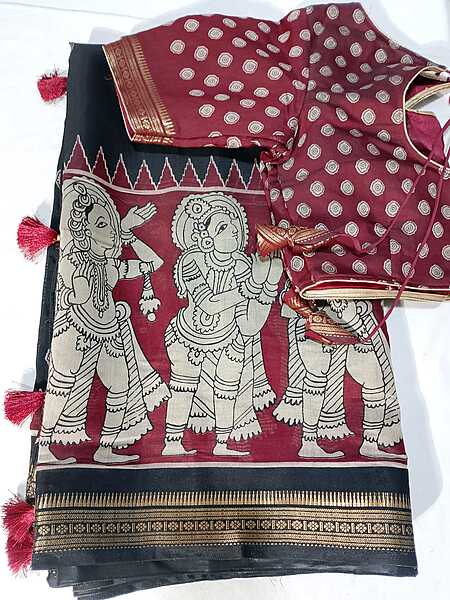 J374: Ready To Ship Beautiful Kalamkari Saree With Stitched Blouse J374: Ready To Ship Beautiful Kalamkari Saree With Stitched Blouse