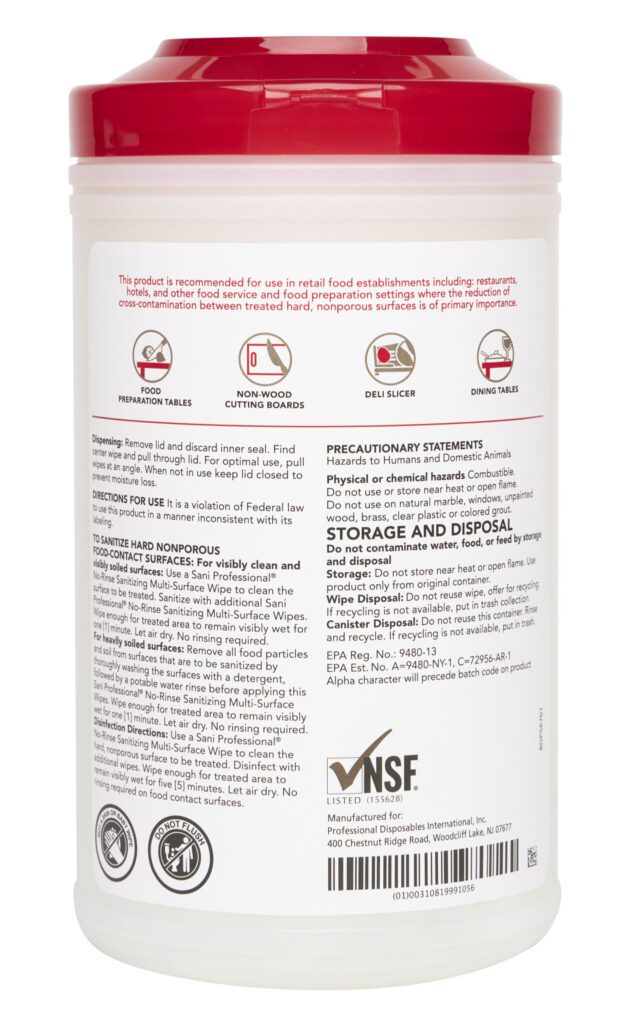 Sani Professional No Rinse Sanitizing Wipes XL 7.75" x 9" 95 Count 6 / cs