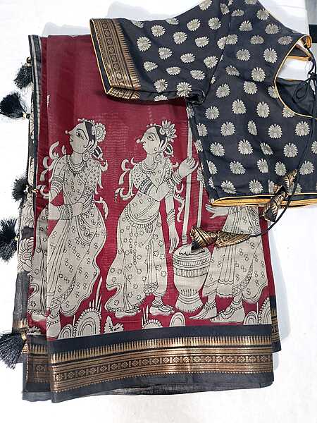 J375: Ready To Ship Beautiful Kalamkari Saree With Stitched Blouse J375: Ready To Ship Beautiful Kalamkari Saree With Stitched Blouse