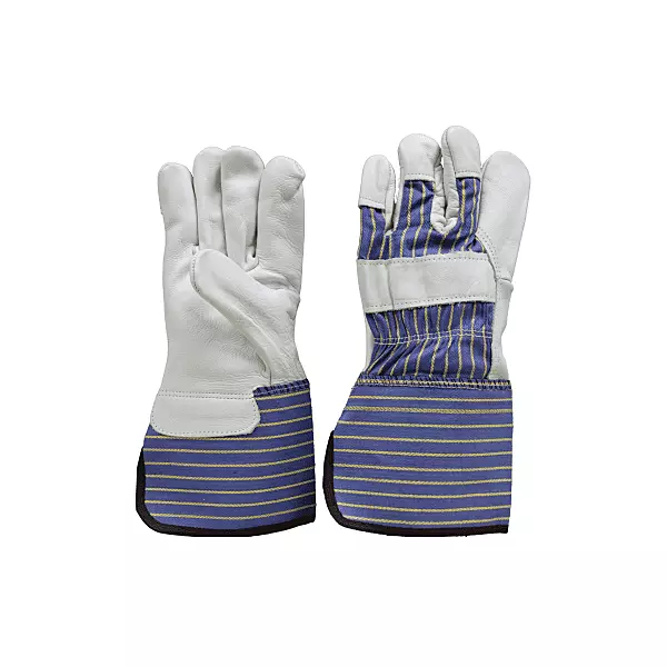 Premium grain leather palm, stripe fabric back, 4.5" rubberized cuff