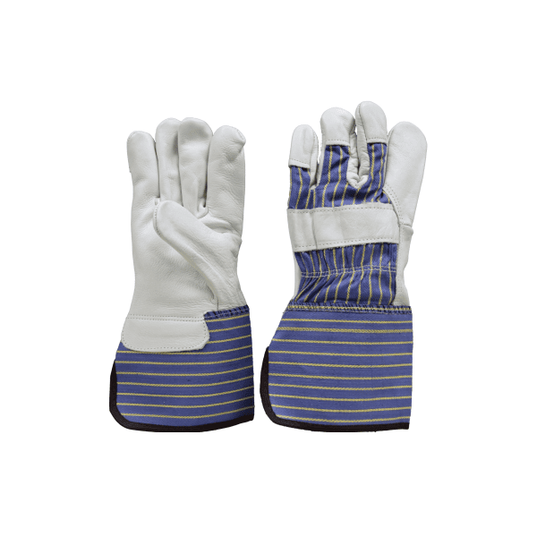 Premium grain leather palm, stripe fabric back, 4.5" rubberized cuff