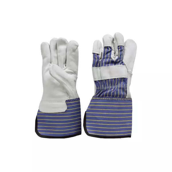 Premium grain leather palm, stripe fabric back, 4.5" rubberized cuff