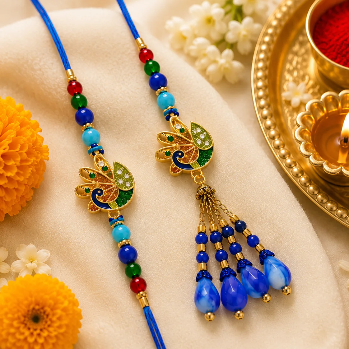 Designer Bhaiya Bhabhi Rakhi Set with Peacock Lumba | Premium Raksha Bandhan Rakhi