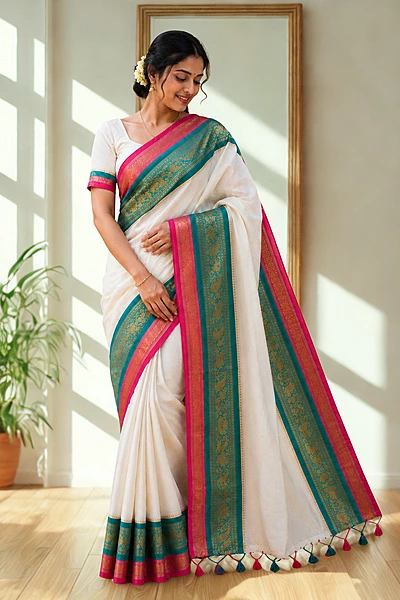 Mul cotton with Kanchi Border White With Pink and Green