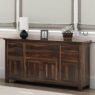 Rustic Dark Wood Sideboard with Drawers & Cabinets - Farmhouse Buffet