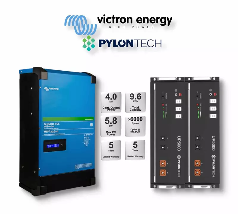 5.0 kW VICTRON EasySolar - PYLONTECH Combo, c/w 2x 4.8 kWh Lithium Batteries