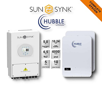 5.0 kW SUNSYNK Hybrid - HUBBLE Combo, c/w 2x 5.12 kWh Lithium Batteries