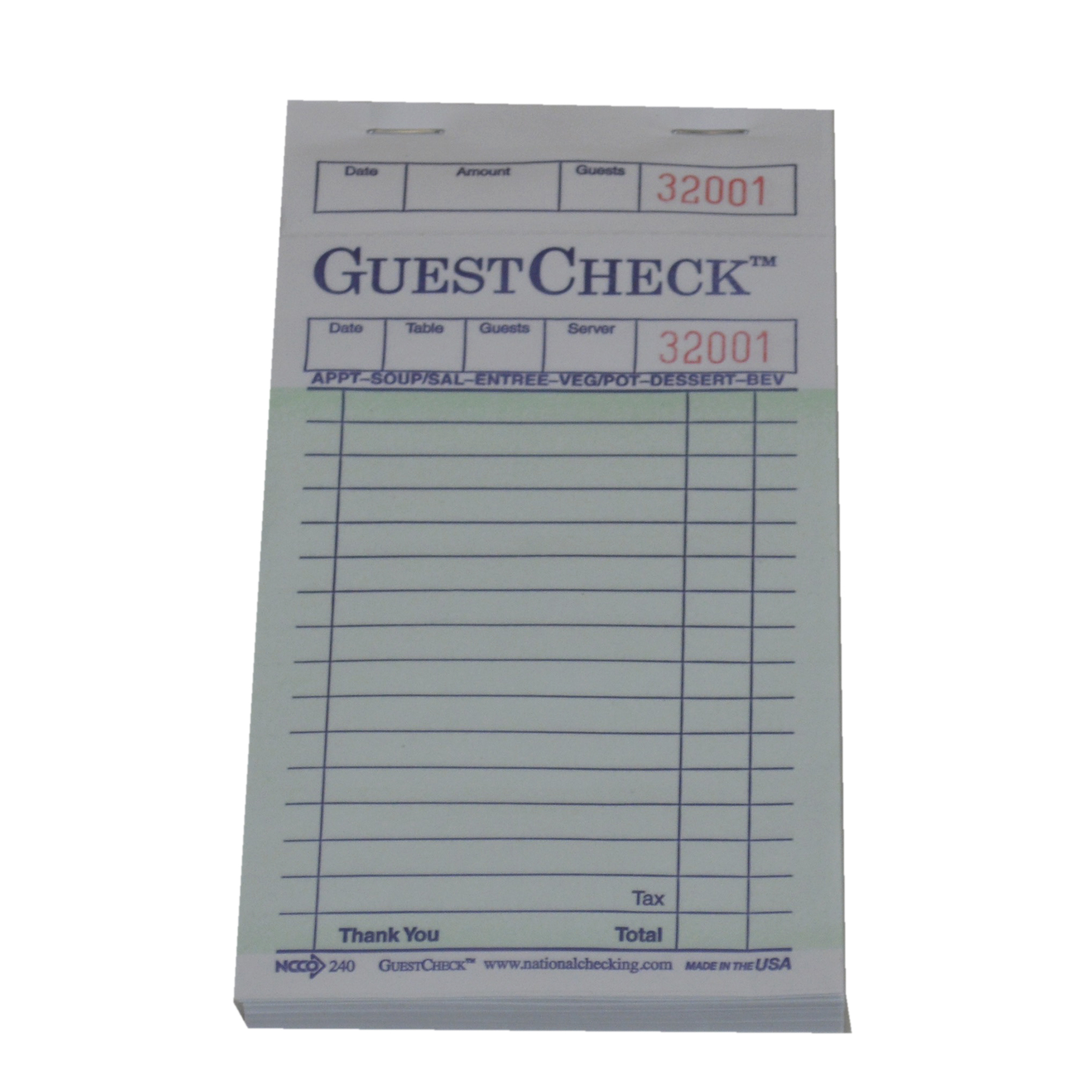 National Checking Single Copy Paper Guest Check 3.5" x 6.75" Green Bulk Pack Medium 50 / 100 cs