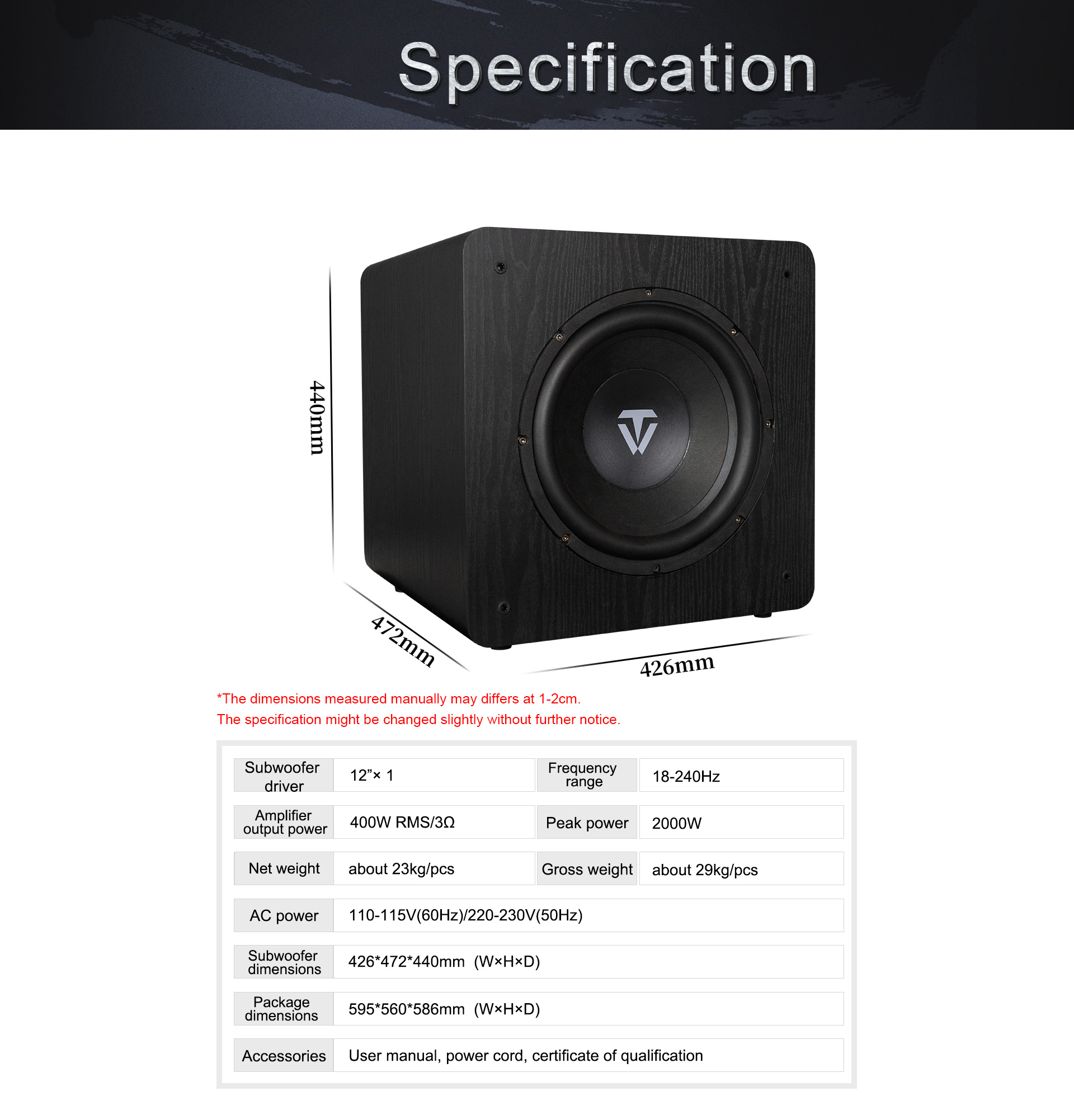 Tonewinner 400W deeper powered subwoofer 12 inch manufacturer