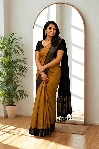 Maheswari silk cotton mustard with Black