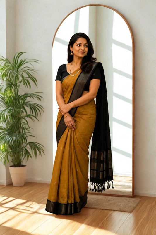 Maheswari silk cotton mustard with Black