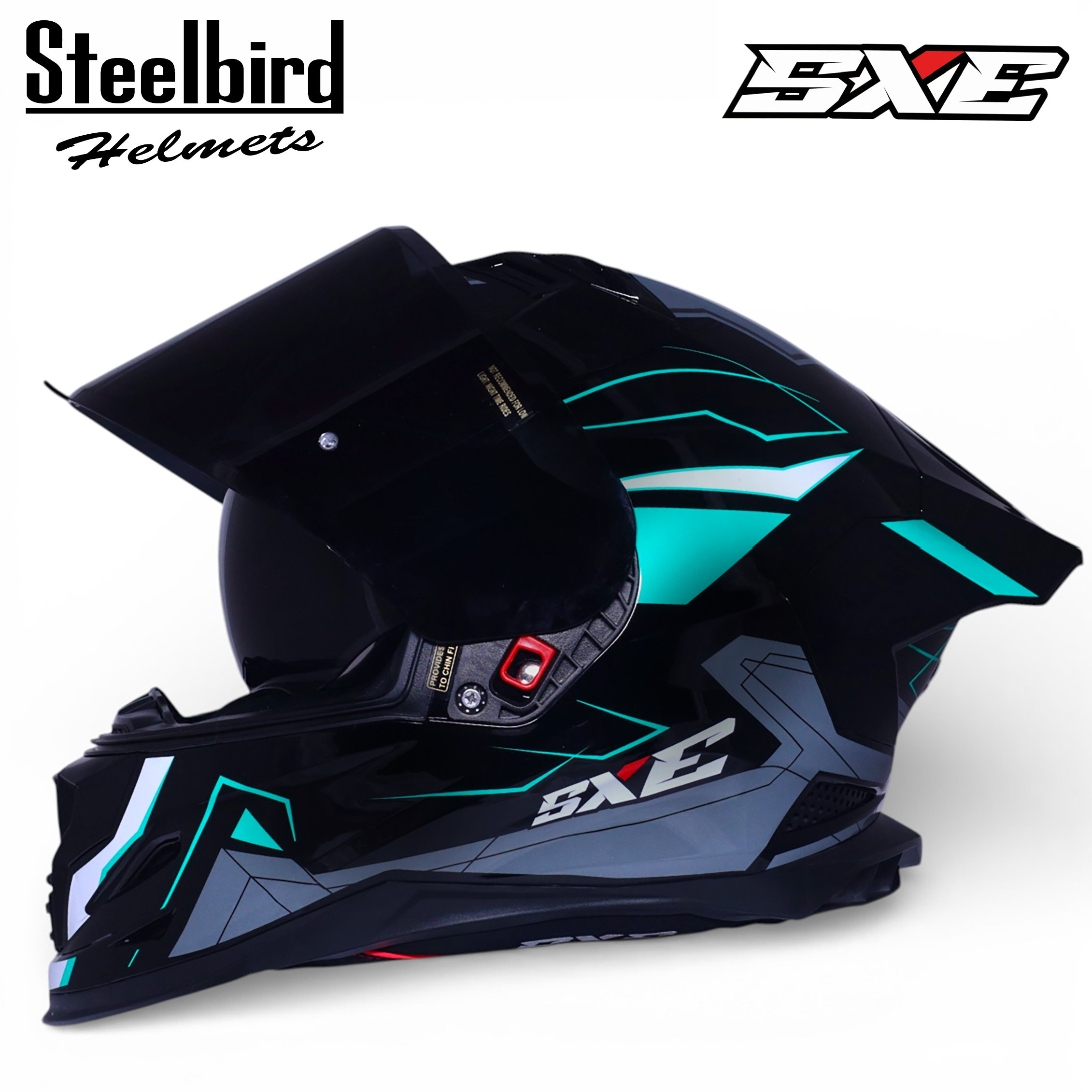 STEELBIRD SBH-61 ISS SXE RACE-X GLOSSY BLACK/CYAN GREEN WITH TPE EDITION C/V 580MM STEELBIRD SBH-61 ISS SXE RACE-X GLOSSY BLACK/CYAN GREEN WITH TPE EDITION C/V 580MM