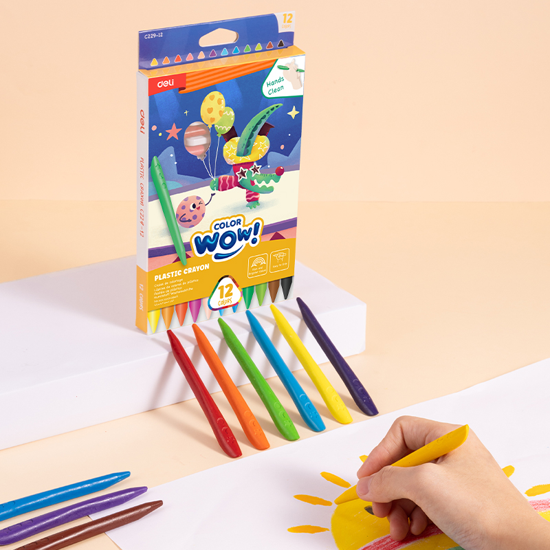 DELI C229-12 COLOR-WOW PLASTIC CRAYONS 12 COLORS ERGONOMIC