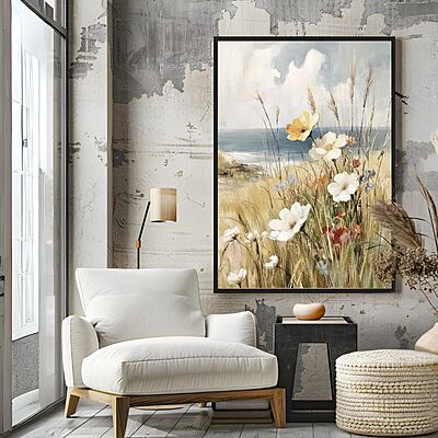 French Coastal Daisy Landscape Canvas Print | UNFRAMED Unframed premium cotton canvas print French Coastal Daisy Landscape Canvas Print | UNFRAMED Unframed premium cotton canvas print