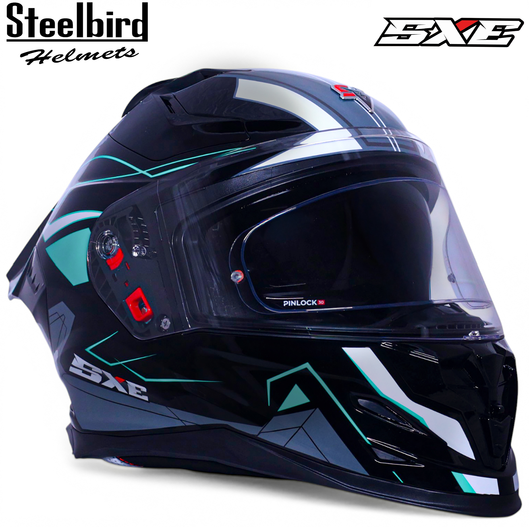 STEELBIRD SBH-61 ISS SXE RACE-X GLOSSY BLACK/CYAN GREEN WITH AFS EDITION C/V 600MM