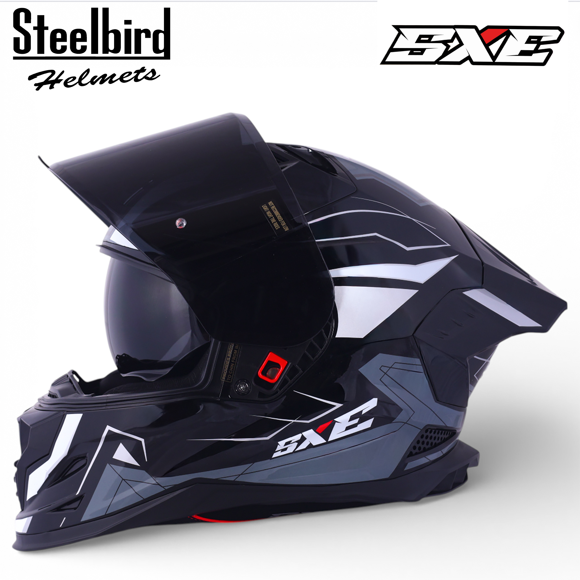 STEELBIRD SBH-61 ISS SXE RACE-X GLOSSY BLACK/SILVER WITH TPE EDITION C/V 580MM (WITH EXTRA SMOKE VISOR)