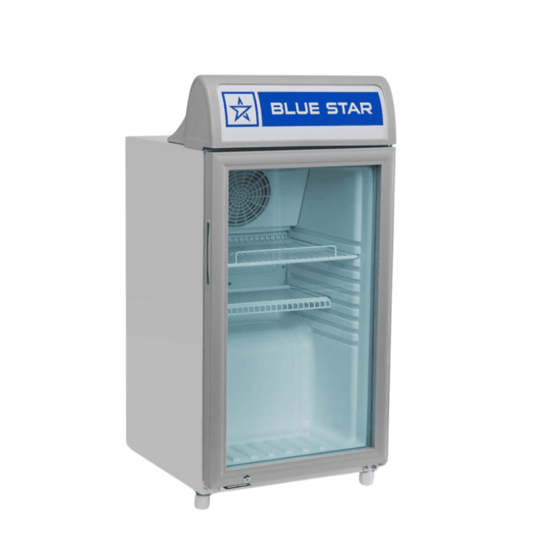 Blue Star VC95A visi cooler showcasing a limited selection of beverages.