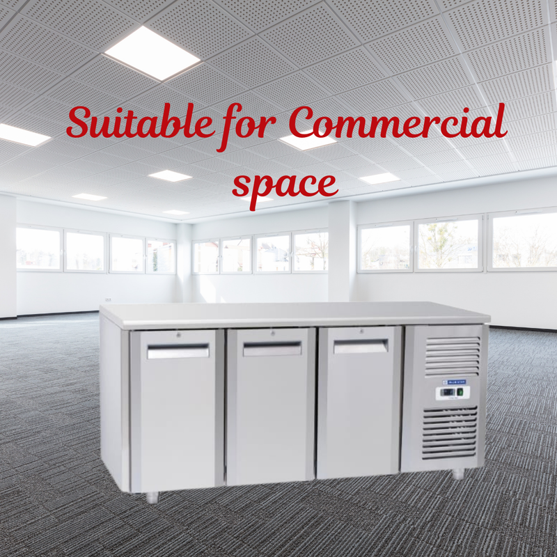 Energy-efficient Blue Star 3 Door Under Counter Freezer with eco-friendly refrigerant.