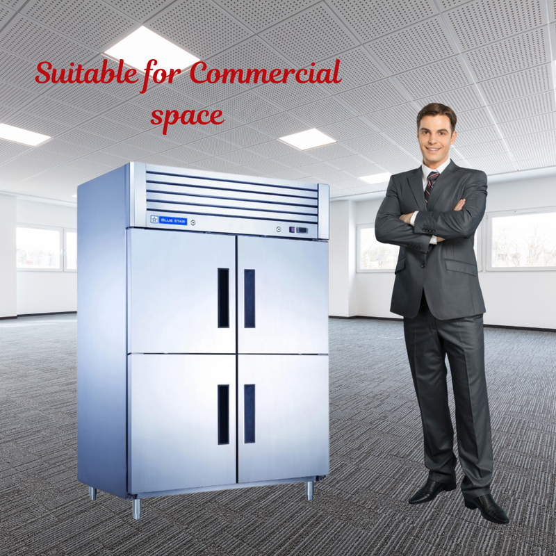Energy-efficient Blue Star 4 Door Reach-In chiller with eco-friendly refrigerant.