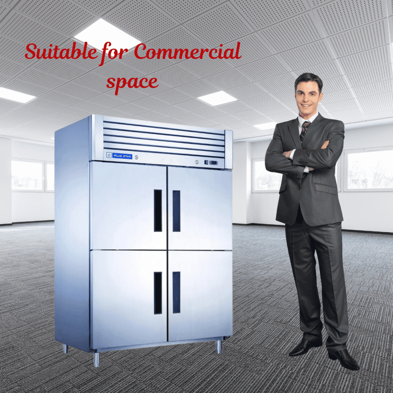 Energy-efficient Blue Star 4 Door Reach-In Freezer with eco-friendly refrigerant.