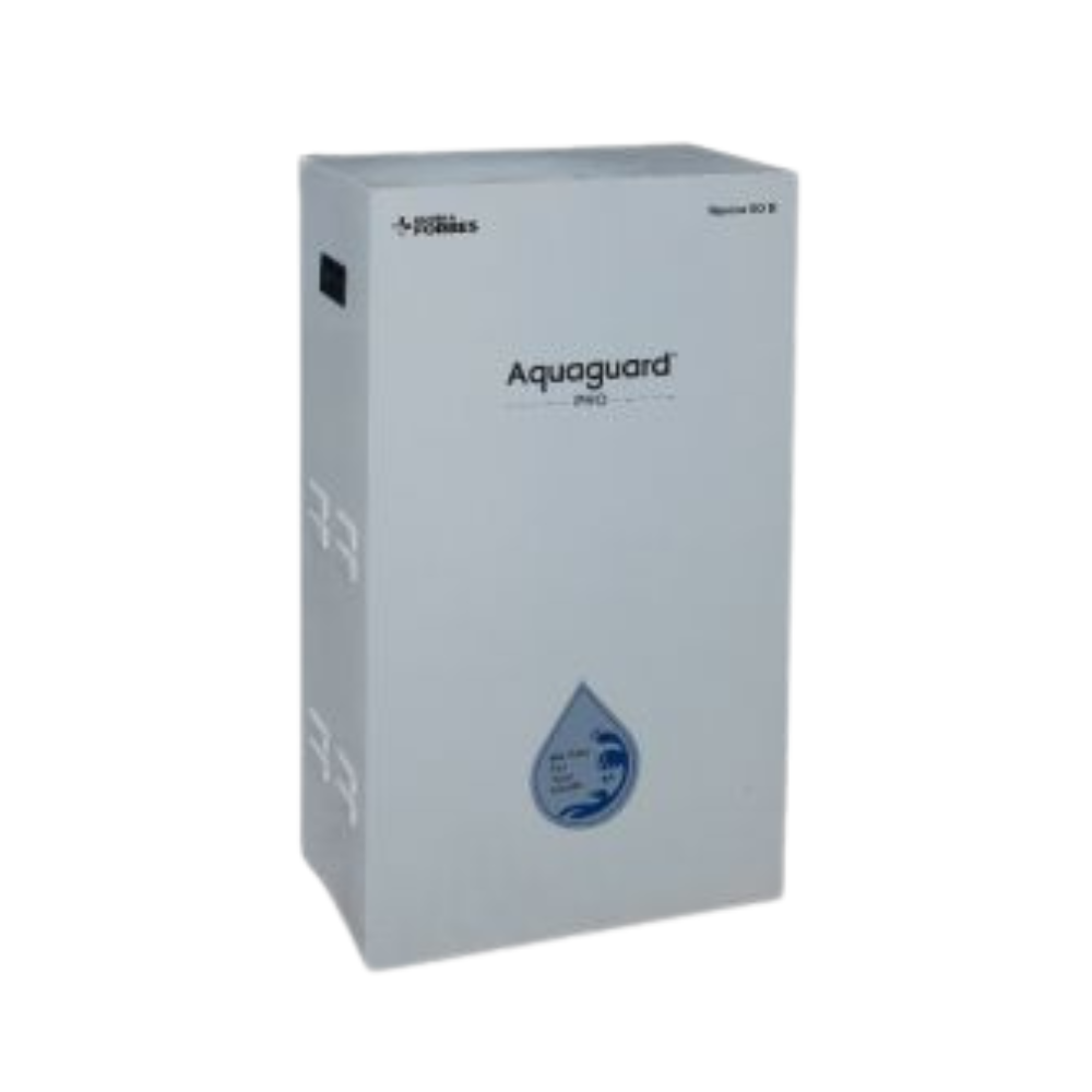 An employee filling a glass from a water cooler connected to the Aquaguard Reviva 50 purifier.