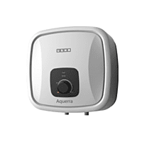 Side profile of the wall-mounted Usha Aquerra 25 liter electric water heater. Side profile of the wall-mounted Usha Aquerra 25 liter electric water heater.